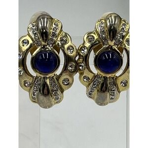 NLH Signed Estate Blue Cabochon Pave Crystals Gold Tone Clip on  Earrings